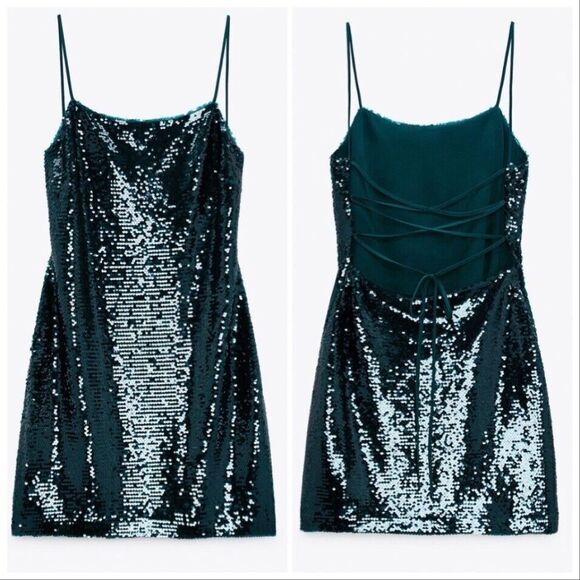 ZARA Green Sequin Lace-up Mini Dress Size S - Picture 4 of 11